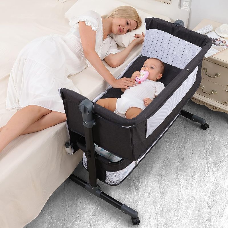 Photo 1 of MMBABY Baby Bassinet Bedside Sleeper Bedside Crib Easy Folding Portable Crib 3 in 1 Travel Baby Bed with Adjustable Height,Breathable Net,Large Storage Bag and Mattress Grey