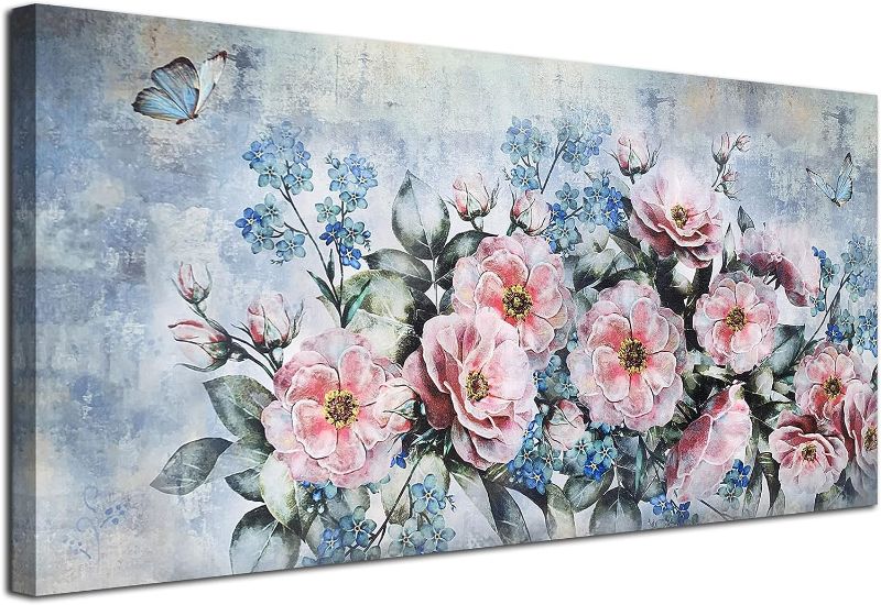 Photo 1 of Acocifi Flowers Canvas Wall Art Pink Elegant Picture Spring Peony Painting Turquoise Florals Blossom Blue Butterfly Landscape Artwork Framed for Living Room Bathroom Bedroom Office Home Decor 40"x20" 40"x20" flowers canvas wall art