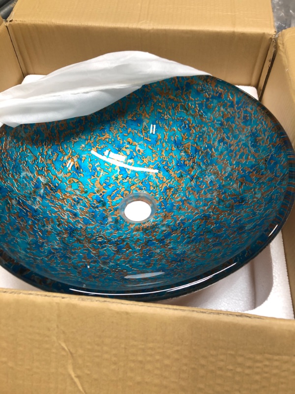 Photo 3 of ANZZI Chrona Modern Tempered Glass Vessel Bowl Sink in Gold/Cyan Mix, Gold Top Mount Bathroom Sinks Above Counter, Round Vanity Countertop Sink Bowl with Pop Up Drain, LS-AZ209