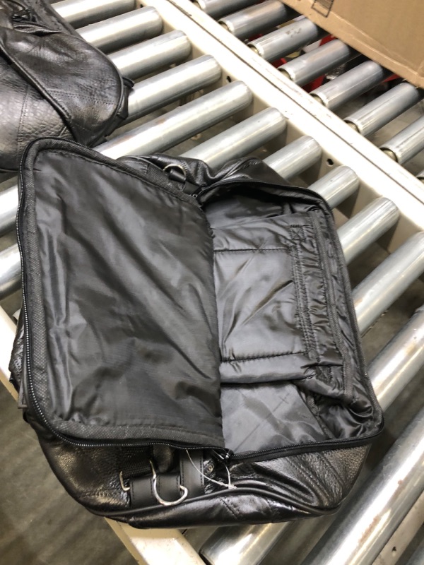 Photo 3 of Barton Outdoors Motorcycle Bag - Barrel Style - All Genuine Black Leather - Fits Any US Bike - Extra Storage Pockets Featuring Rugged Construction - 14 3/4" × 9 3/4" × 9 3/4"