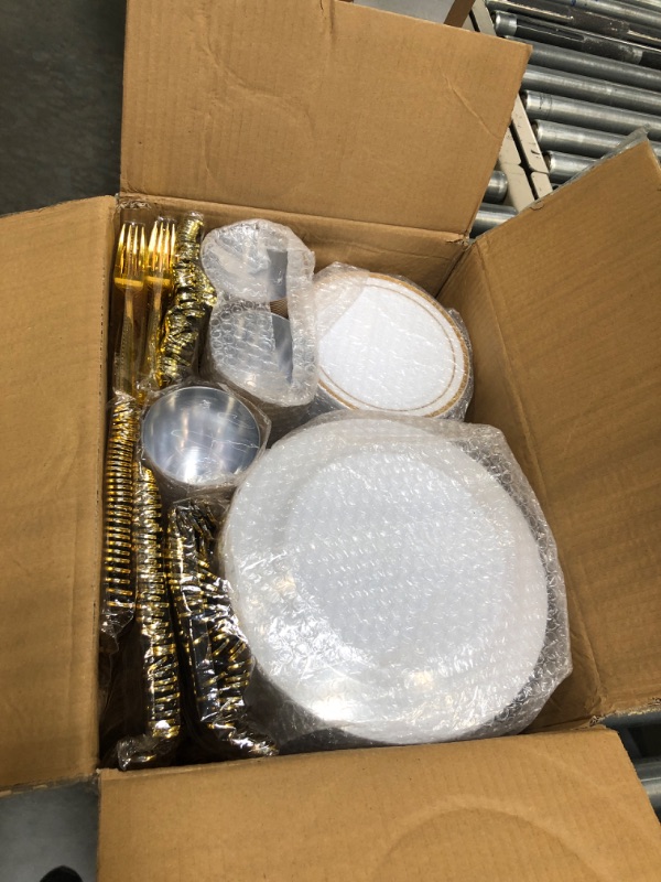 Photo 2 of 300 Pieces Gold Disposable Plates for 50 Guests, Plastic Plates for Party, Wedding, Dinnerware Set of 50 Dinner Plates, 50 Salad Plates, 50 Spoons, 50 Forks, 50 Knives, 50 Cups