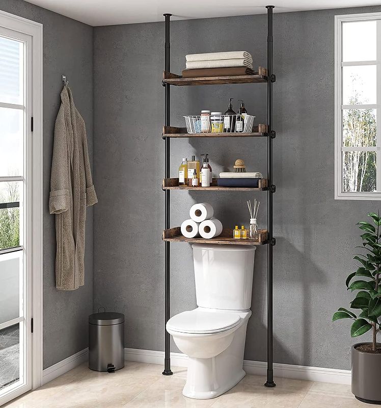 Photo 1 of ALLZONE Bathroom Organizer, Over The Toilet Storage, 4-Tier Adjustable Wood Shelves for Small Rooms, Saver Space Rack, 92 to 116 Inch Tall, Narrow Cabinet, Rustic Brown