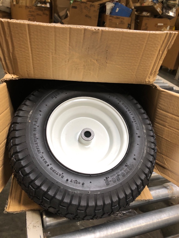 Photo 3 of (2-Pack) 16x6.50-8 Pneumatic Tires on Rim - Universal Fit Riding Mower and Yard Tractor Wheels - With Chevron Turf Treads - 3” Centered Hub and 3/4” Bushings - 615 lbs Max Weight Capacity