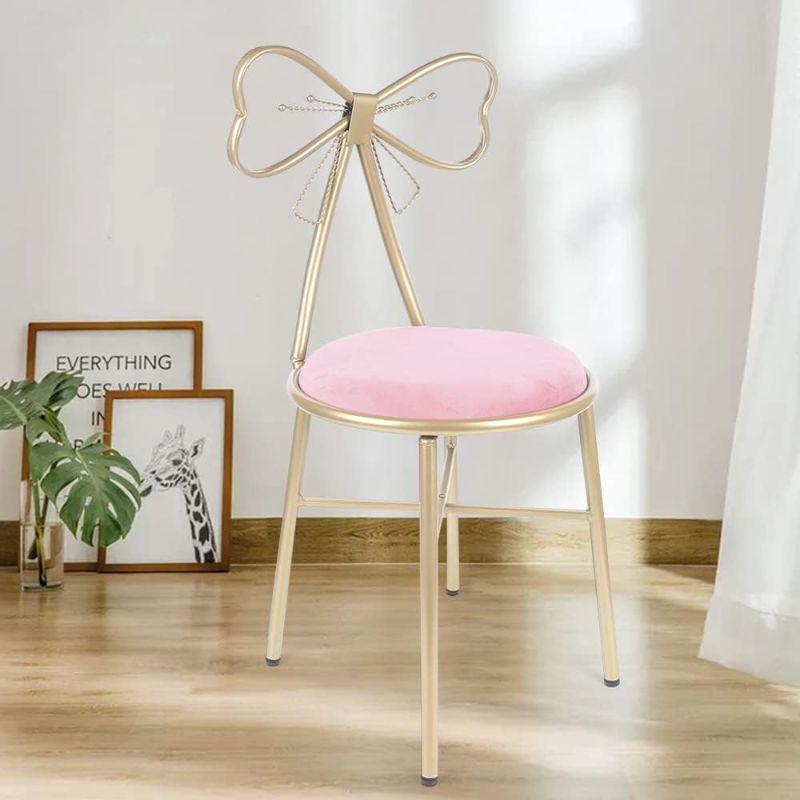 Photo 1 of Bow Vanity Chair, Pink Makeup Vanity Chair with Bow Backrest and Velvet Cushion for Girl Bedroom Tie Pink Vanity Makeup Chair Gold Lounge Chair Velvet Cushion Metal (Dark Pink)