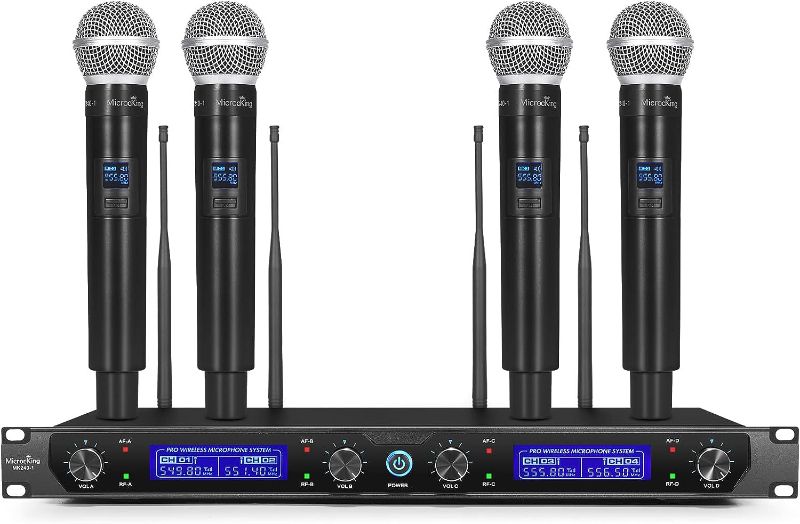 Photo 1 of MicrocKing Wireless Microphone System, with 4 Handheld Mics, Metal Build, Fixed Frequency, Long Range 400ft, Ideal for Party/Wedding/Church/Conference/Speech