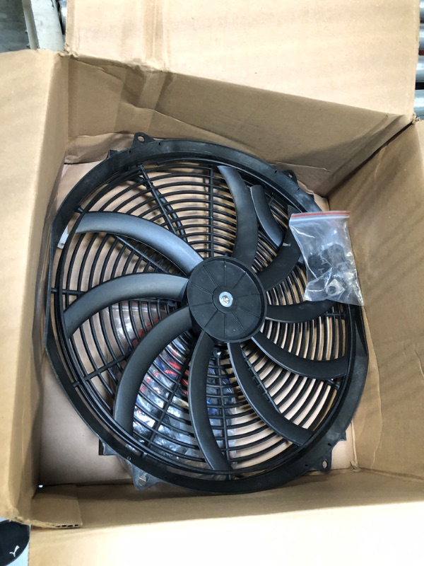 Photo 2 of 16" Black Electric Radiator Cooling Fan Wide S-Curved 10 Blades Thermostat Kit High 3000 CFM Reversible Push or Pull with Mounting Kit Heavy Duty 12Volts 16'' Black