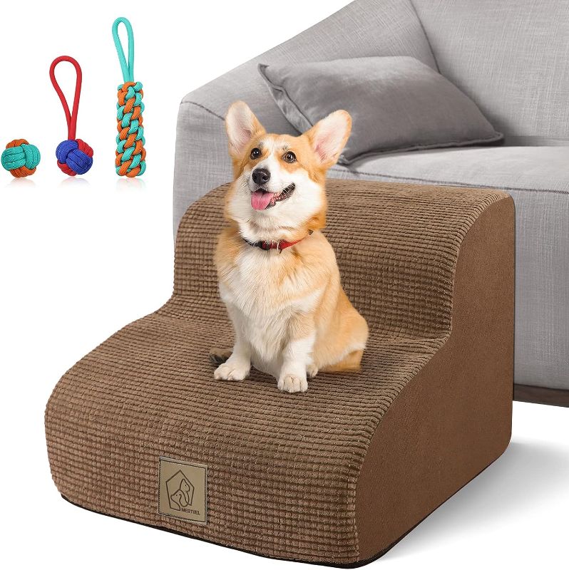 Photo 1 of 2-Tiers High Density Foam Pet Stairs,Anti-Slip Soft Corduroy Fabric Cover Foam Climbing Pet Stairs for Short-Leg Injured Dogs to Reach High Coach Sofa Bed, Send Send 1 Lint Roller *******PINK**********