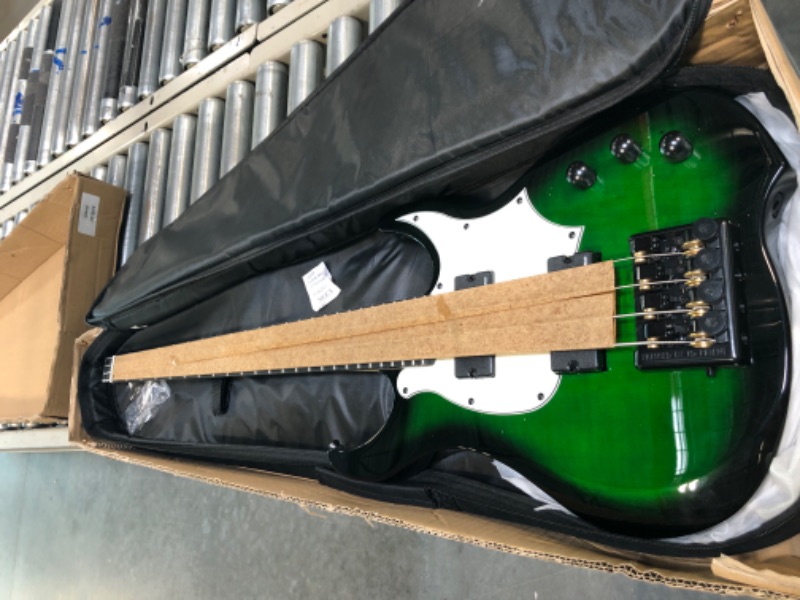 Photo 1 of Asmuse Headless Electric Bass Guitar, Full Size Electric Bass Guitar Kit, HH Pickup Solid Body Electric Bass Guitar, Guitar Beginner Set with Gig Bag and Accessories (Green)