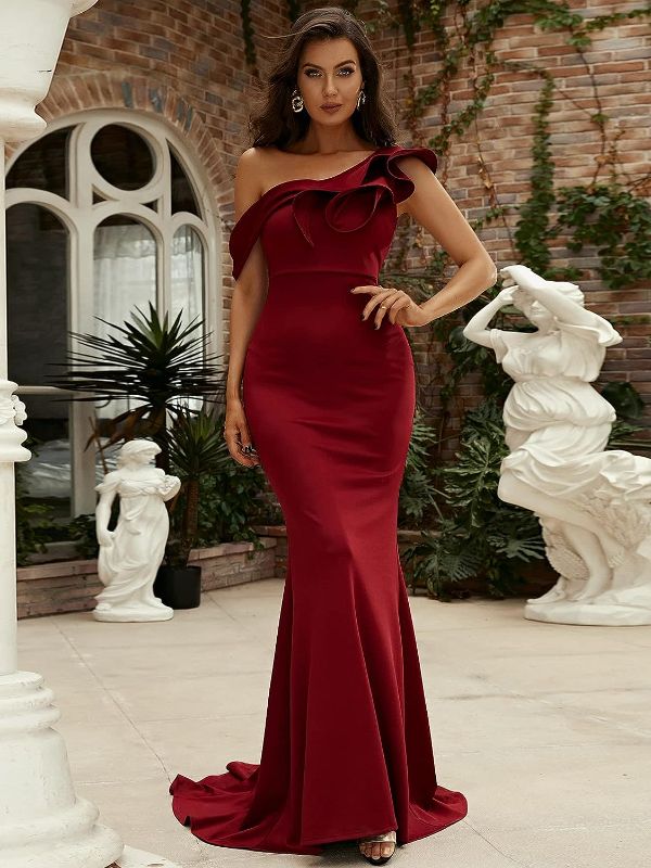 Photo 1 of Women's Fashion Dress 2022 Asymmetrical Neck Ruffle Trim Prom Dress Fashion Beauty Unique Comfortable Charming (Color : Burgundy, Size : Large)