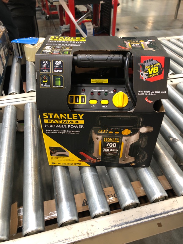Photo 2 of STANLEY FATMAX J7CS Portable Power Station Jump Starter: 700 Peak/350 Instant Amps, 120 PSI Air Compressor, 3.1A USB Ports, Battery Clamps