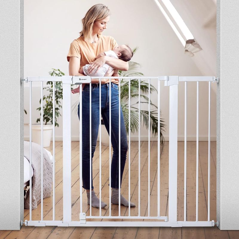 Photo 1 of COMOMY 36" Extra Tall Baby Gate for Stairs Doorways, Fits Openings 29.5" to 48.8" Wide, Auto Close Extra Wide Dog Gate for House, Pressure Mounted Easy Walk Through Pet Gate with Door, White
