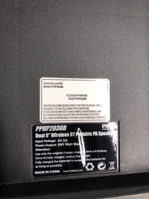 Photo 5 of Pyle Bluetooth PA Speaker System - 600W Rechargeable Outdoor Bluetooth Speaker Portable PA System w/ Dual 8” Subwoofer 1” Tweeter, Microphone In, Party Lights, USB, Radio, Remote - Pyle PPHP2836B Speaker System Speaker System