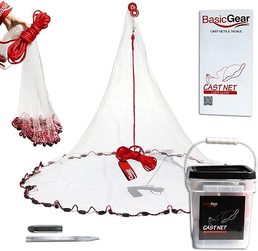 Photo 1 of BasicGear Cast Net | 3ft-12ft Radius, 3/8 or 1/4 inch Mesh for Freshwater and Saltwater Bait Fish| Professional Grade and Upgraded Material | Throw Style
