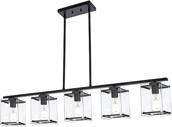 Photo 1 of MELUCEE Linear Kitchen Island Lighting with Rectangular Clear Glass Shades 5 Light Chandeliers for Dining Room, Farmhouse Pendant Light Fixture Black for Kitchen Dining Room Living Room