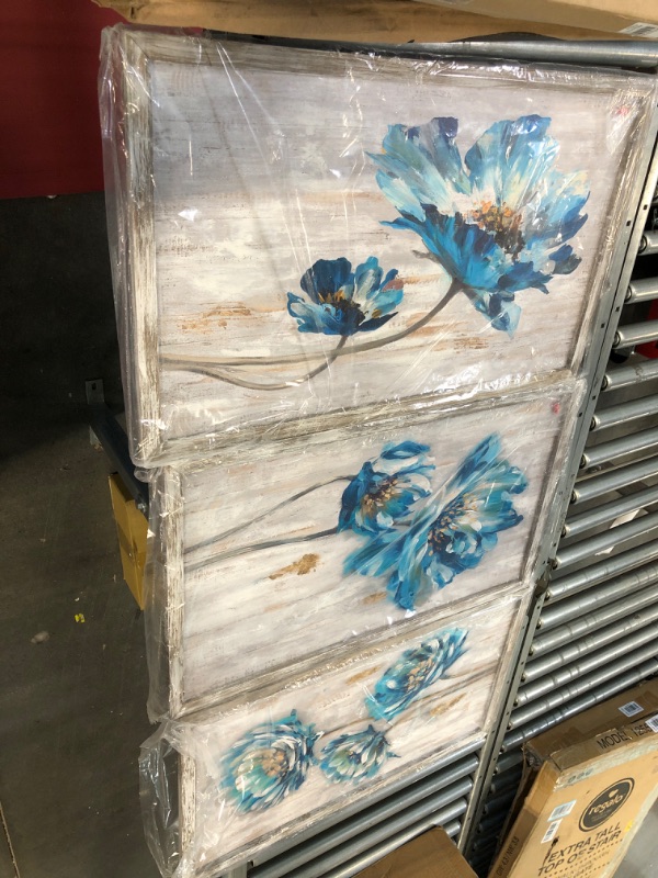 Photo 1 of ARTISTIC PATH Abstract Floral Wooden Wall Art: Teal Splash Painting Print on Wooden Board for Living Room (Overall 48" W x 26" H, Multi-Sized) Wood 16''x26''x3 PCS