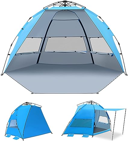 Photo 1 of Campasist Beach Tent with Awning, Pop Up Beach Tent Sun Shelter for 4 Persons with UPF 50+ UV Protection & Removable Awning, Beach Shade Tent with 3 Mesh Windows, Sandbags, Stakes & Carry Bag - Blue
