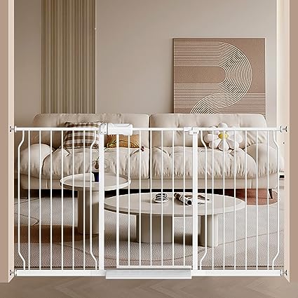 Photo 1 of Baby Extra Wide Baby Gate for Dogs Pressure Monuted Safety Gate for Living Room, Fits 62 Inch to 67 Inch with Pressure Mounted Extention Kit, White
