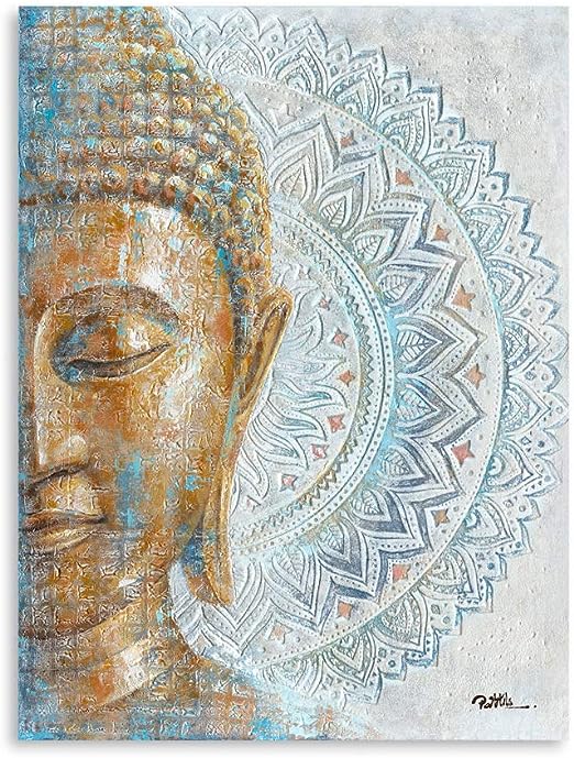 Photo 1 of B BLINGBLING Gold Buddha Canvas Wall Art: Mandala Flower Blossom Buddha Painting Zen Print Picture on Blue for Yoga Meditation Room Bedroom Framed and Ready to Hang 24"x32"