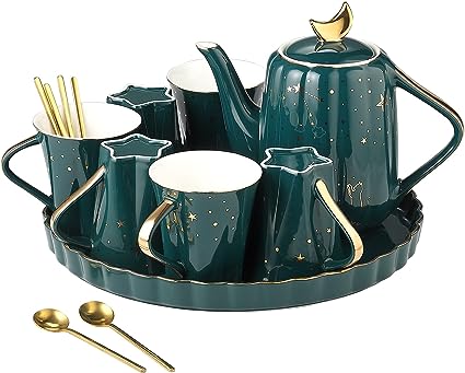 Photo 1 of "Starry Moon" Ceramic Tea Set with Tea pot,DERUI CREATION Coffee Cup Set with 6oz Cups,Afternoon Tea Time Serving (Emerald Green)
