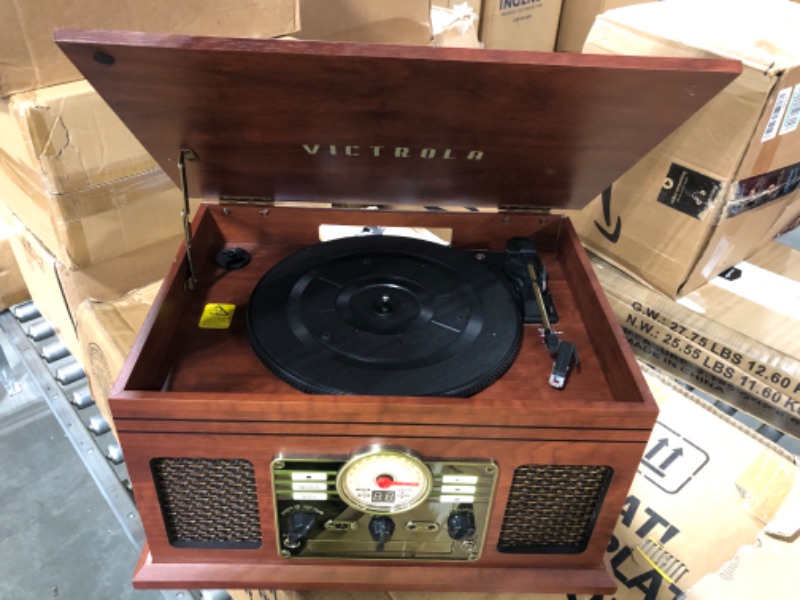 Photo 5 of Victrola Nostalgic 7-in-1 Bluetooth Record Player & Multimedia Center with Built-in Speakers - 3-Speed Turntable, CD & Cassette Player, AM/FM Radio, USB | Wireless Music Streaming | Mahogany Mahogany (USB) Entertainment Center