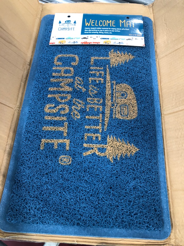 Photo 3 of Camco Life Is Better at The Campsite Outdoor & Indoor Welcome Mat - Weather and Doormat | Traps Dirt and Liquid | Spongey Comfortable Feel | Measures 26 ½ " x 15" - Blue (53201) - 53201-A