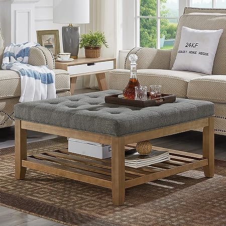 Photo 1 of 24KF Large Square Upholstered Tufted Linen Ottoman Coffee Table, Large Footrest Ottoman with Solid Wood Shelf-Granite Square ottoman with wooden shelf Granite-large Ottoman