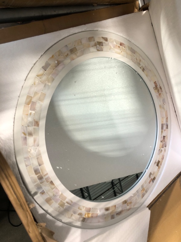 Photo 3 of 24 Inch Round Mirror for Wall with Mosaic Pattern, Natural Mother of Pearl Inlay Wooden Frame for Bathroom Vanity Dressing