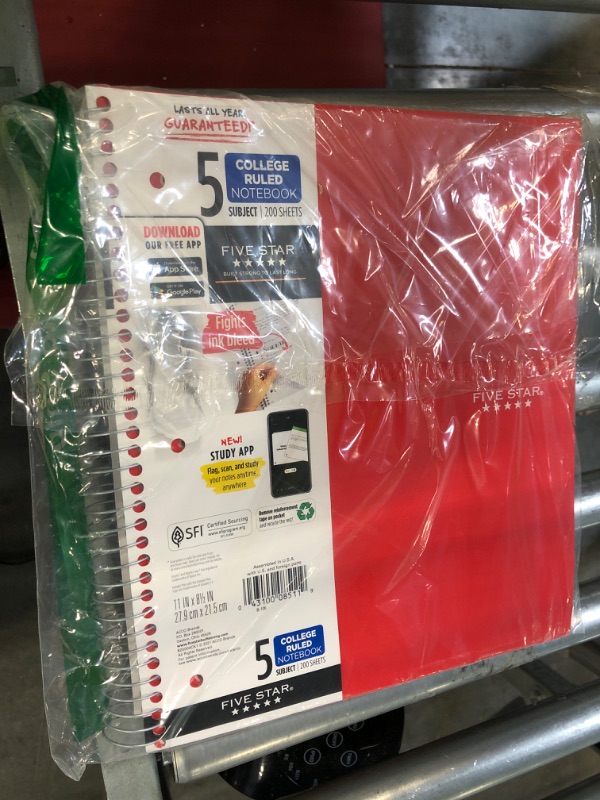 Photo 2 of Five Star Spiral Notebook + Study App, 5 Subject, College Ruled Paper, Fights Ink Bleed, Water Resistant Cover, 8-1/2" x 11", 200 Sheets, Red (72077)