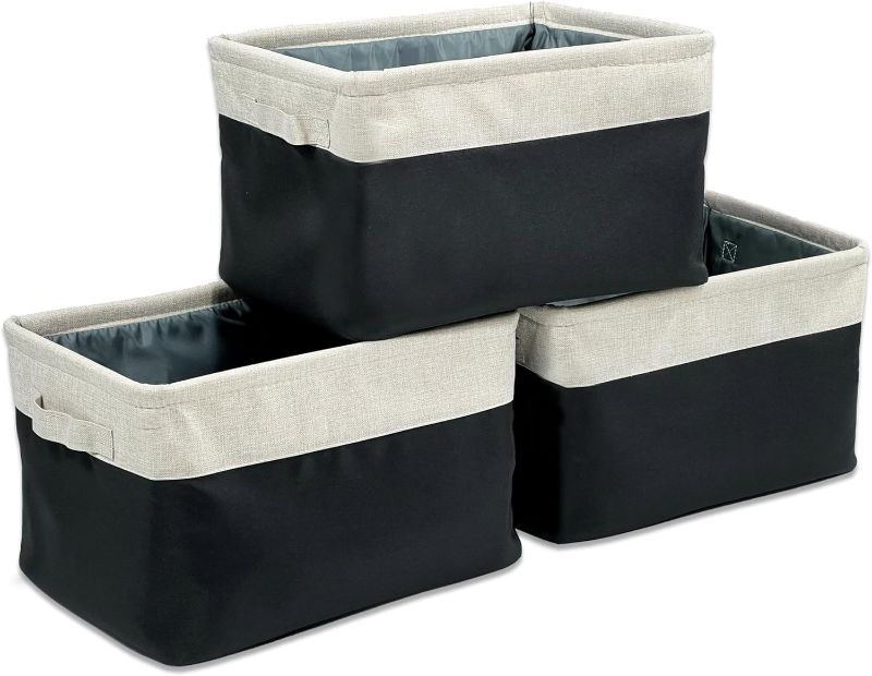 Photo 1 of ChicnChill Foldable Box for Organization, Pack of 3, Made in Vietnam, 17.3 x 13.4 x 9.4 inch Closet Organizers for Shelves, Storage Boxes with Handle, Smart Organizing Solutions (Black & Beige) 