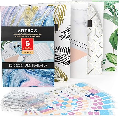 Photo 1 of ARTEZA Small Pocket Notebook Set, 5 Pcs, 5 x 8 inches Disposable Fountain Pens, Set of 12, Art Supplies for Sketching, Journaling, and Doodling