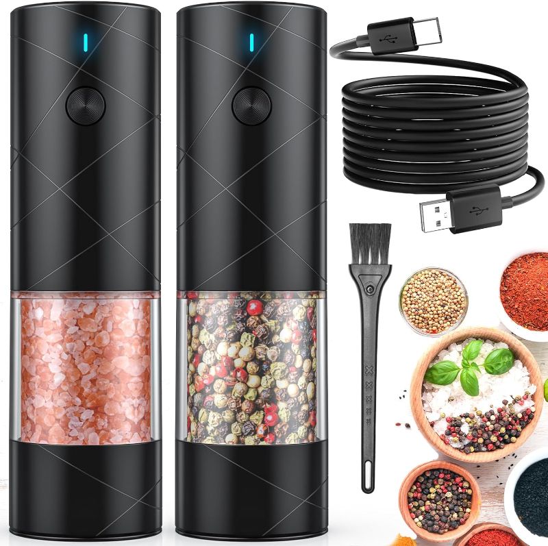 Photo 1 of 2Pack Electric Salt and Pepper Grinder Set USB Rechargeable with Warm LED Light, Adjustable Coarseness Lidaop Large Capacity Automatic Salt Pepper Mill Grinder for Kitchen, Restaurant, Outdoor, Black
