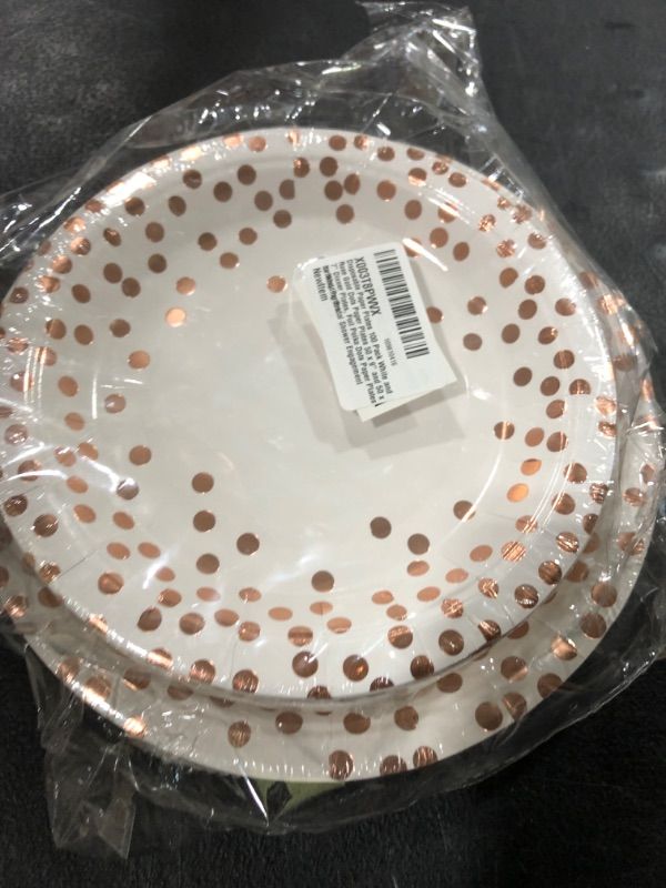 Photo 2 of 100 Pack Disposable Paper Plates White and Rose Gold Dots Paper Plates 50 x 9" and 50 x 7" Dinner Plates, Foil Polka Dots Paper Plates for Wedding Bridal Shower Engagement Birthday Parties Rose Gold & White 50 x 9" & 50 x 7"
