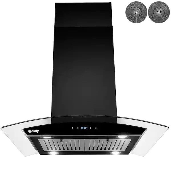 Photo 1 of 30 in. 343 CFM Convertible Kitchen Island Mount Range Hood in Black Painted Stainless Steel with Tempered Glass
