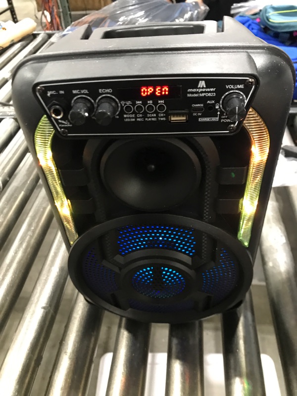 Photo 2 of Max Power Portable Speaker - MPD823 Bluetooth Speaker System - High Powered PA Loudspeaker - Rechargeable Karaoke Machine with Multi LED Lights, Wired Microphone and Built-in Carry Handle & FM Radio