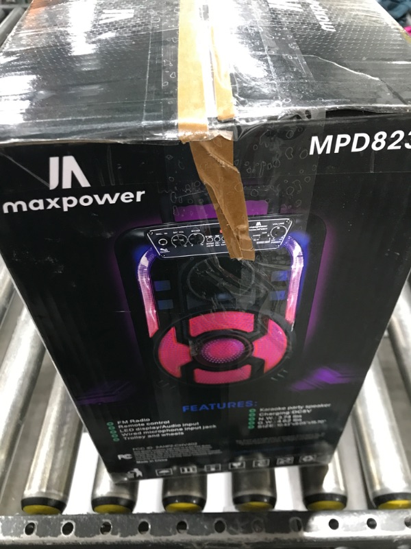 Photo 3 of Max Power Portable Speaker - MPD823 Bluetooth Speaker System - High Powered PA Loudspeaker - Rechargeable Karaoke Machine with Multi LED Lights, Wired Microphone and Built-in Carry Handle & FM Radio