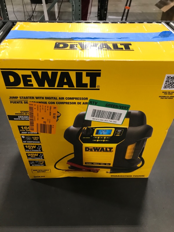 Photo 2 of DEWALT DXAEJ14-Type2 Digital Portable Power Station Jump Starter - 1600 Peak Amps with 120 PSI Compressor, AC Charging Cube, 15W USB-A and 25W USB-C Power for Electronic Devices 1600 Amps