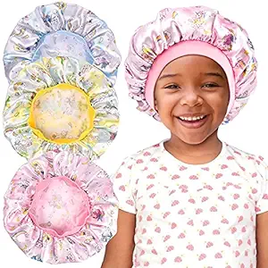 Photo 1 of 3 Pieces Kids Unicorn Satin Bonnet Wide Elastic Band Sleeping Cap Soft Silk Double Layer Night Hair Hats for Teens Toddler Child Baby