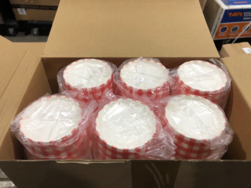 Photo 2 of 300 PCS 9oz Gingham Ice Cream Cups Paper Disposable Cups Snack Treat Soup Bowls Plaid Paper Cups Picnic Disposable Dessert Bowls Plaid Checkered Paper Cups for Hot or Cold Food (Red and White) Red/White