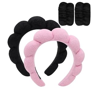 Photo 1 of JEWOU Spa Headband and Wristband Scrunchies for Girls Skincare Headbands for Women MakeupTerry Cloth Towel Head Band for Skin Care Twisted Bubble Make Up Hair Band for Washing Face