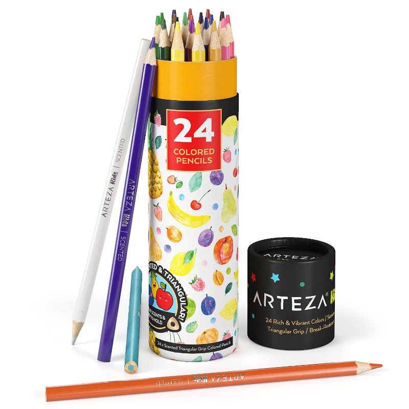 Photo 1 of Arteza Kids Scented Colored Pencils, Set of 24 Easy-to-Grip Pencil Crayons, Triangular Shape, Pre-Sharpened, Art and School Supplies for Arts and Crafts Time, Drawing, and Doodling