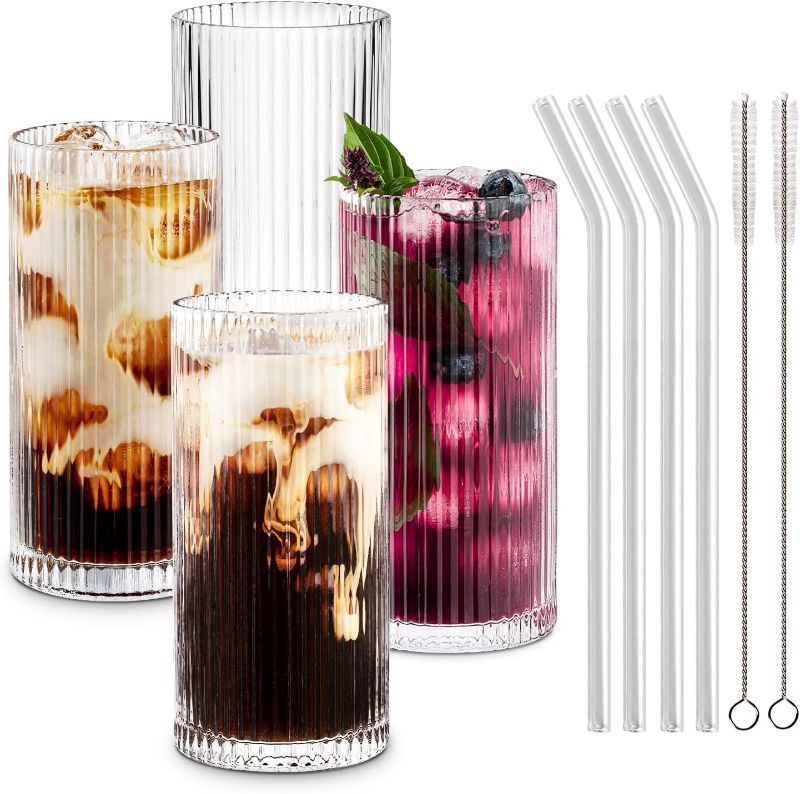 Photo 1 of Combler Glass Cups with Straws, Drinking Glasses 12.5oz, Ribbed Glassware Set of 4, Iced Coffee Cup Coffee Bar Accessories Essentials, Glassware Sets for Beer Smoothie Whiskey Cocktail Glasses, Gifts