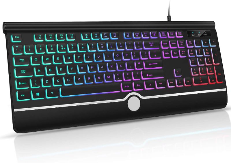 Photo 1 of Jelly Ergo Wired Backlit Keyboard, Illuminated USB Keyboard with Comfortable Wrist Rest US Layout for Computer, Laptop, Black