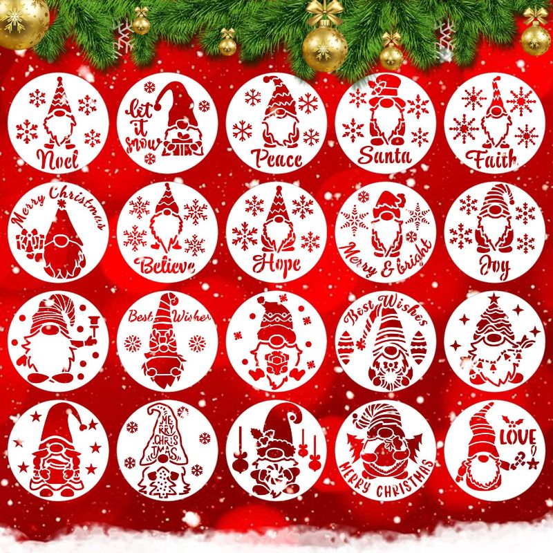 Photo 1 of 20 Pieces Christmas Gnomes Stencils, Reusable Xmas Stencils for Painting on Wood Slice Christmas Tree Ornaments Wood DIY Crafts Decor (5inch)