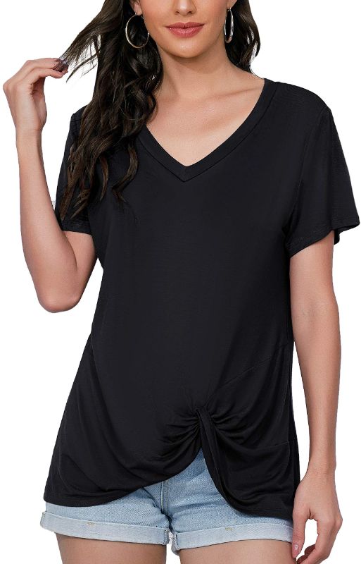 Photo 1 of Heathyoga Workout T Shirts for Women V Neck T Shirts for Women Open Back Women's Workout Tops Women's Athletic T-Shirts Dark Black X-Large