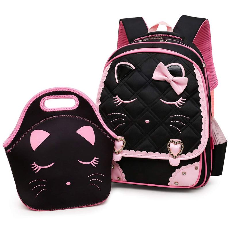 Photo 1 of Efree Cute Cat Face Bow Diamond Bling Waterproof Pink School Backpack Girls Book Bag Large Black Set