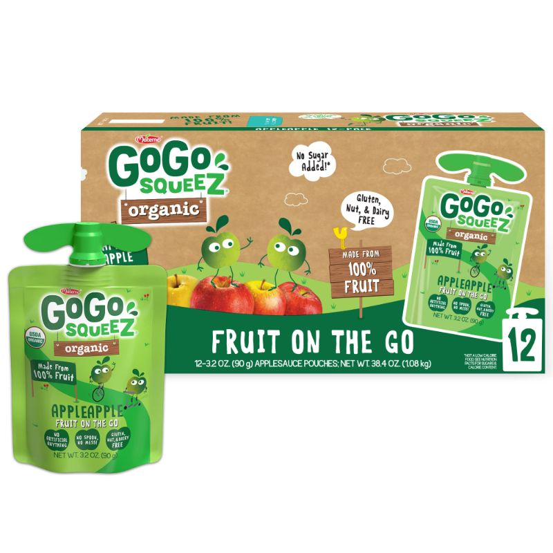 Photo 1 of 1-6-24 GoGo squeeZ Fruit on the Go Organic, Apple Apple, 3.2 oz (Pack of 12), Unsweetened Organic Fruit Snacks for Kids, Gluten Free, Nut Free and Dairy Free, Recloseable Cap, BPA Free Pouches Apple Apple 3.2 Ounce (Pack of 12)