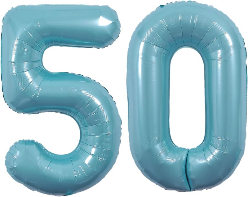 Photo 1 of 40 Inch Macaron Blue Number 50 Balloons Giant Jumbo Huge 50 Foil Mylar Helium Number Digital Balloons Blue 50th Birthday Balloons Women Girls 50th Anniversary Events Party Decors Photo Shoot Supplies
