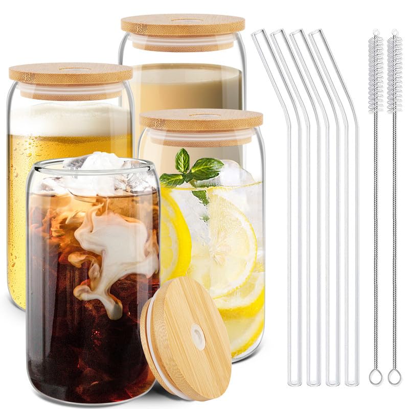Photo 1 of 4 Pcs Drinking Glasses Cups with Lids and Straws-16oz Iced Coffee Can Shaped Cup with Bamboo Lid and Glass Straw, Cute Glass Tumble Ideal for Cocktail, Smoothie,Beer, Gift, Coffe Bar Accessories 16oz-4pack