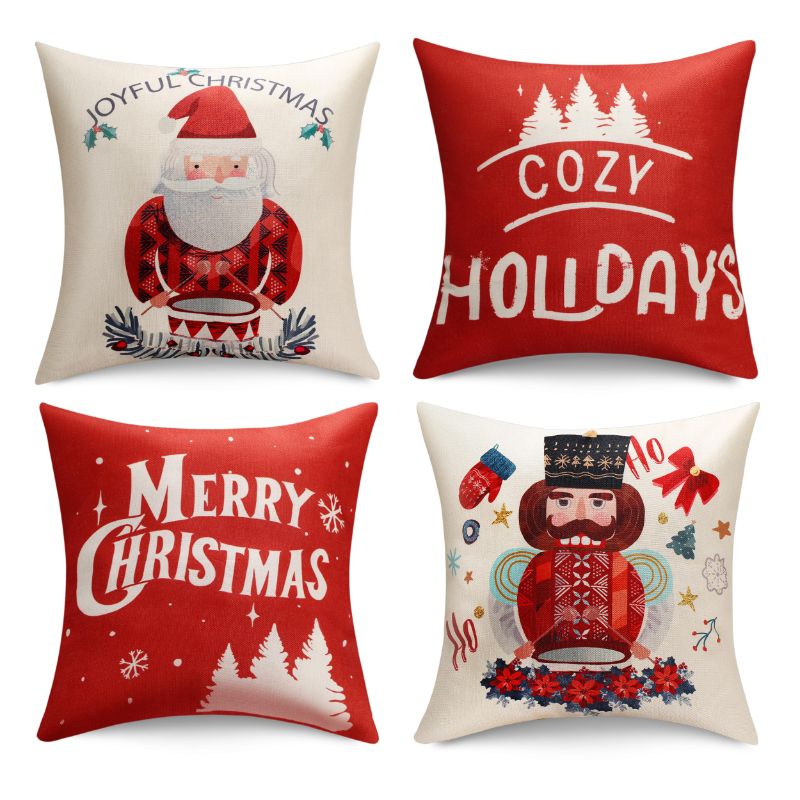 Photo 1 of 5th LILY Merry Christmas Nutcracker Decorative Throw Pillow Covers 18x18 Inch, Set of 4 Cozy Holiday Santa Claus Holly Berry Stem Cushion Case Christmas Decorations for Sofa Couch Home Décor 18''x18''