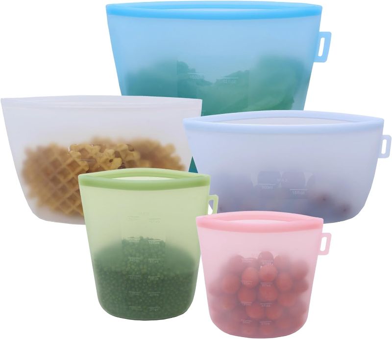 Photo 1 of 5pcs Silicone Reusable Food Container, 100% Food Grade Reusable Storage Bags with Sealing Strip, Silicone Bags for Food Storage?Different Sizes?
